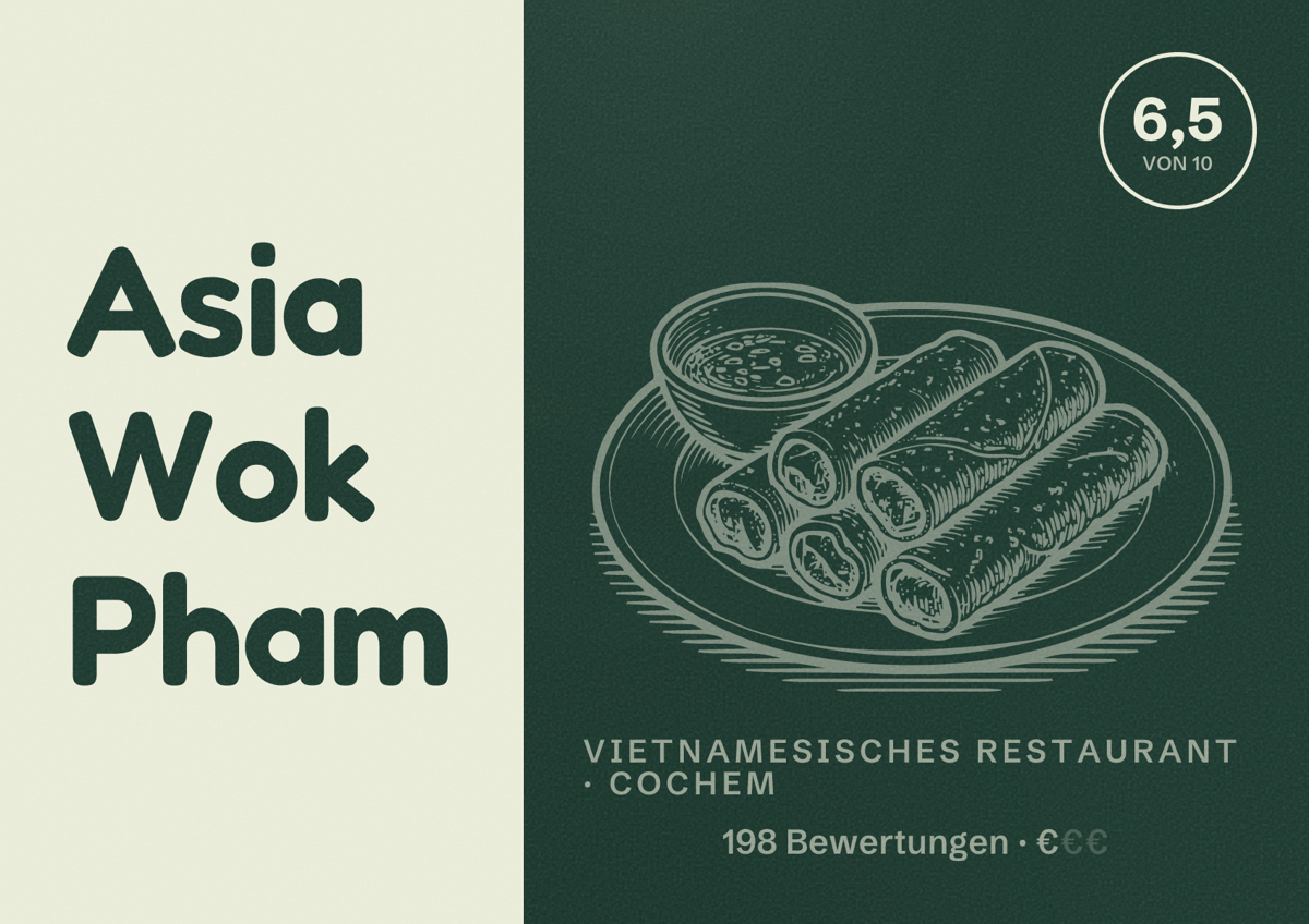 Illustriertes Poster von Asia Wok Pham, Vietnamesisches Restaurant in Cochem: Bewertung 6,5 von 10 aus 198 Bewertungen, Preisniveau €