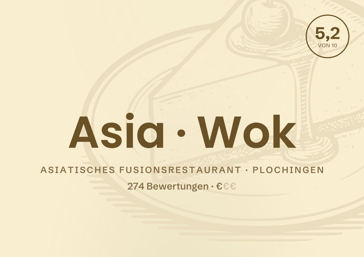 Illustriertes Poster von Asia Wok, Asiatisches Fusionsrestaurant in Plochingen: Bewertung 5,2 von 10 aus 274 Bewertungen, Preisniveau €
