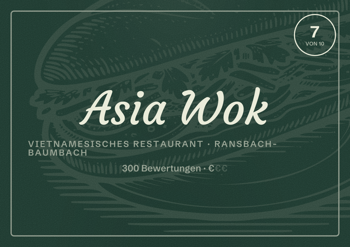Illustriertes Poster von Asia Wok, Vietnamesisches Restaurant in Ransbach-Baumbach: Bewertung 7 von 10 aus 300 Bewertungen, Preisniveau €
