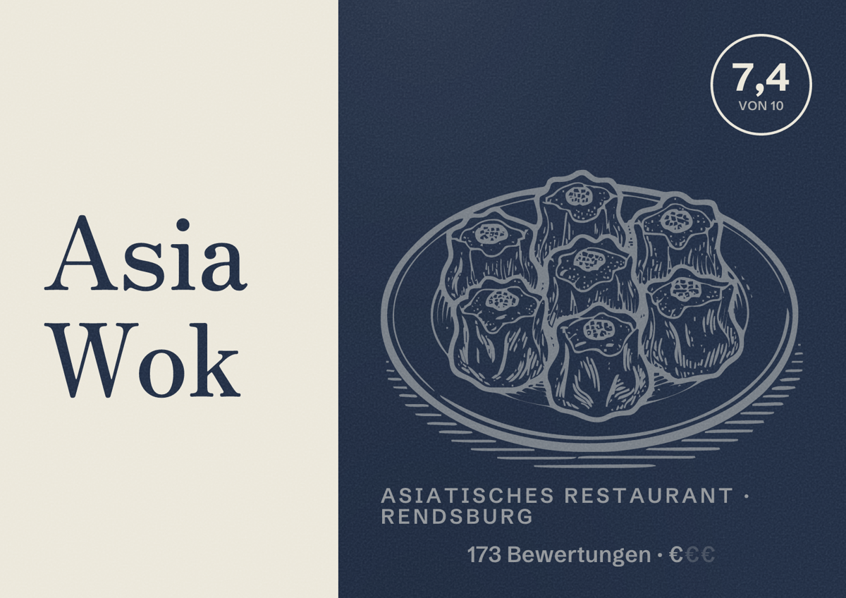 Illustriertes Poster von Asia Wok, Asiatisches Restaurant in Rendsburg: Bewertung 7,4 von 10 aus 173 Bewertungen, Preisniveau €