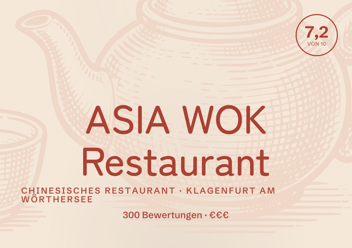 Illustriertes Poster von ASIA WOK Restaurant, Chinesisches Restaurant in Klagenfurt am Wörthersee: Bewertung 7,2 von 10 aus 300 Bewertungen, Preisniveau €€€