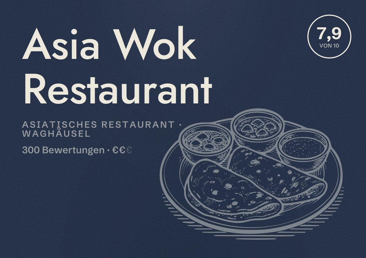 Illustriertes Poster von Asia Wok Restaurant, Asiatisches Restaurant in Waghäusel: Bewertung 7,9 von 10 aus 300 Bewertungen, Preisniveau €€