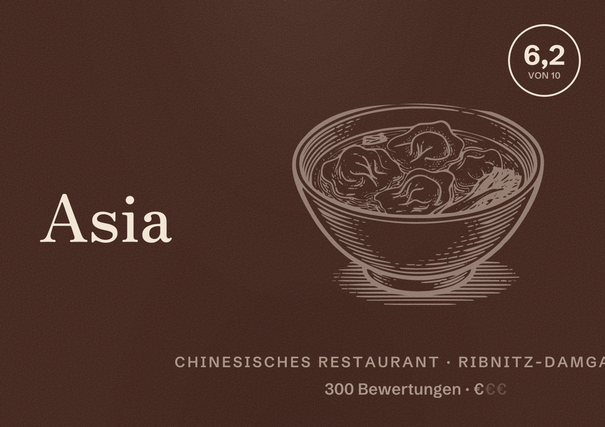 Illustriertes Poster von Asia Wok, Chinesisches Restaurant in Ribnitz-Damgarten: Bewertung 6,2 von 10 aus 300 Bewertungen, Preisniveau €