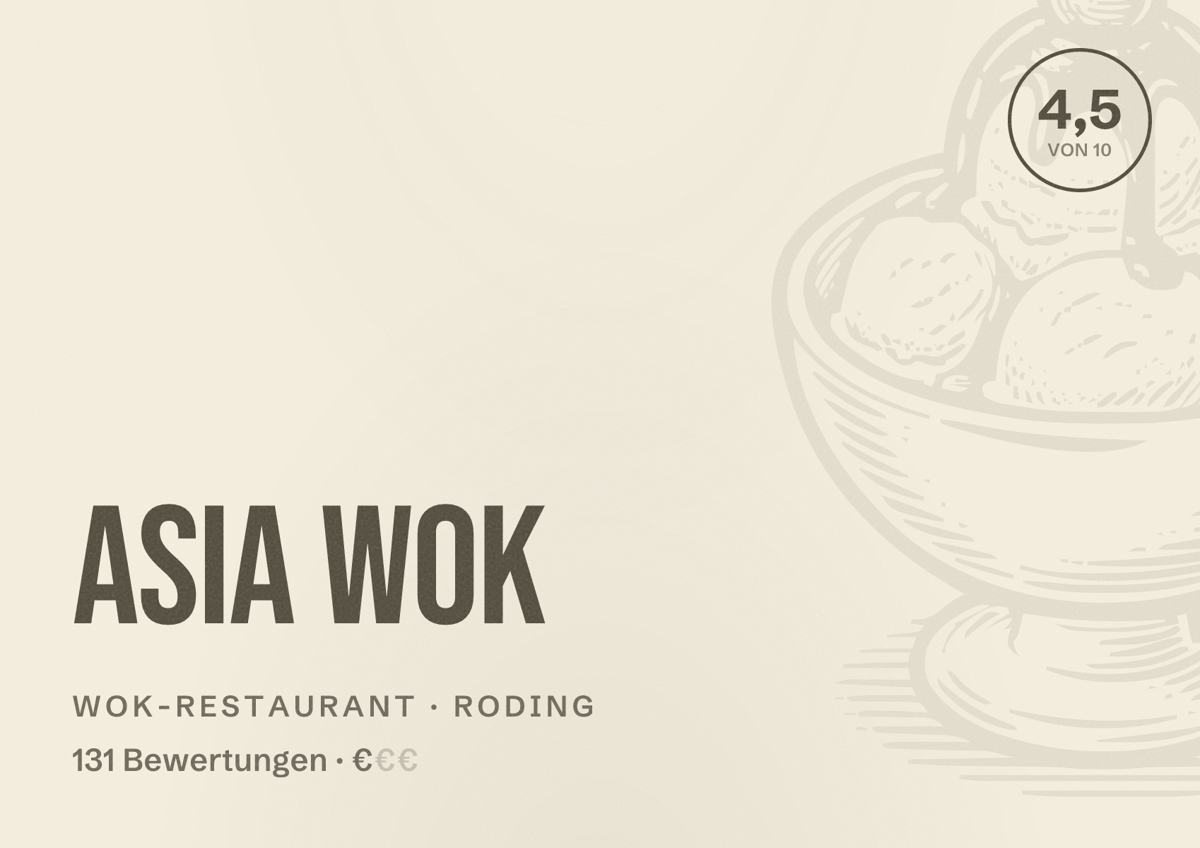 Illustriertes Poster von Asia Wok, Wok-Restaurant in Roding: Bewertung 4,5 von 10 aus 131 Bewertungen, Preisniveau €