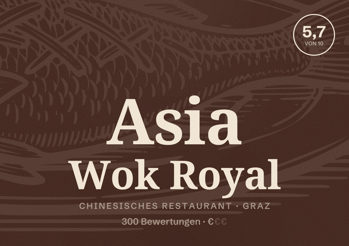 Illustriertes Poster von Asia Wok Royal, Chinesisches Restaurant in Graz: Bewertung 5,7 von 10 aus 300 Bewertungen, Preisniveau €