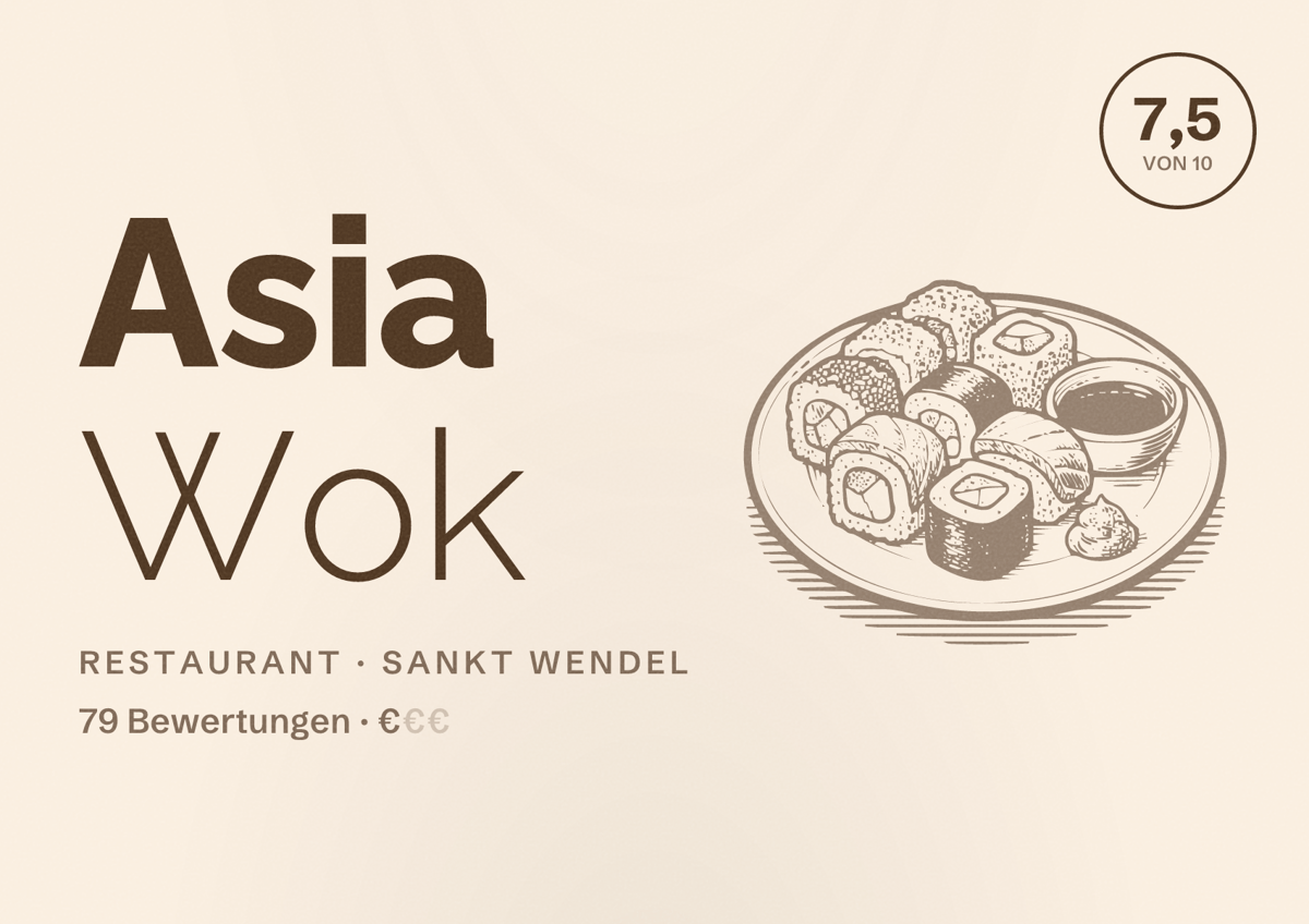 Illustriertes Poster von Asia Wok, Restaurant in Sankt Wendel: Bewertung 7,5 von 10 aus 79 Bewertungen, Preisniveau €