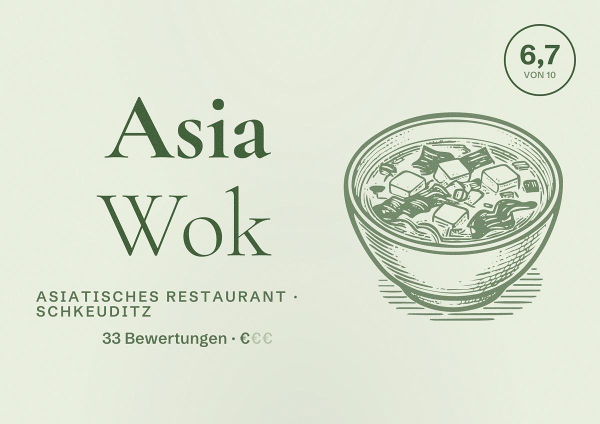 Illustriertes Poster von Asia Wok, Asiatisches Restaurant in Schkeuditz: Bewertung 6,7 von 10 aus 33 Bewertungen, Preisniveau €
