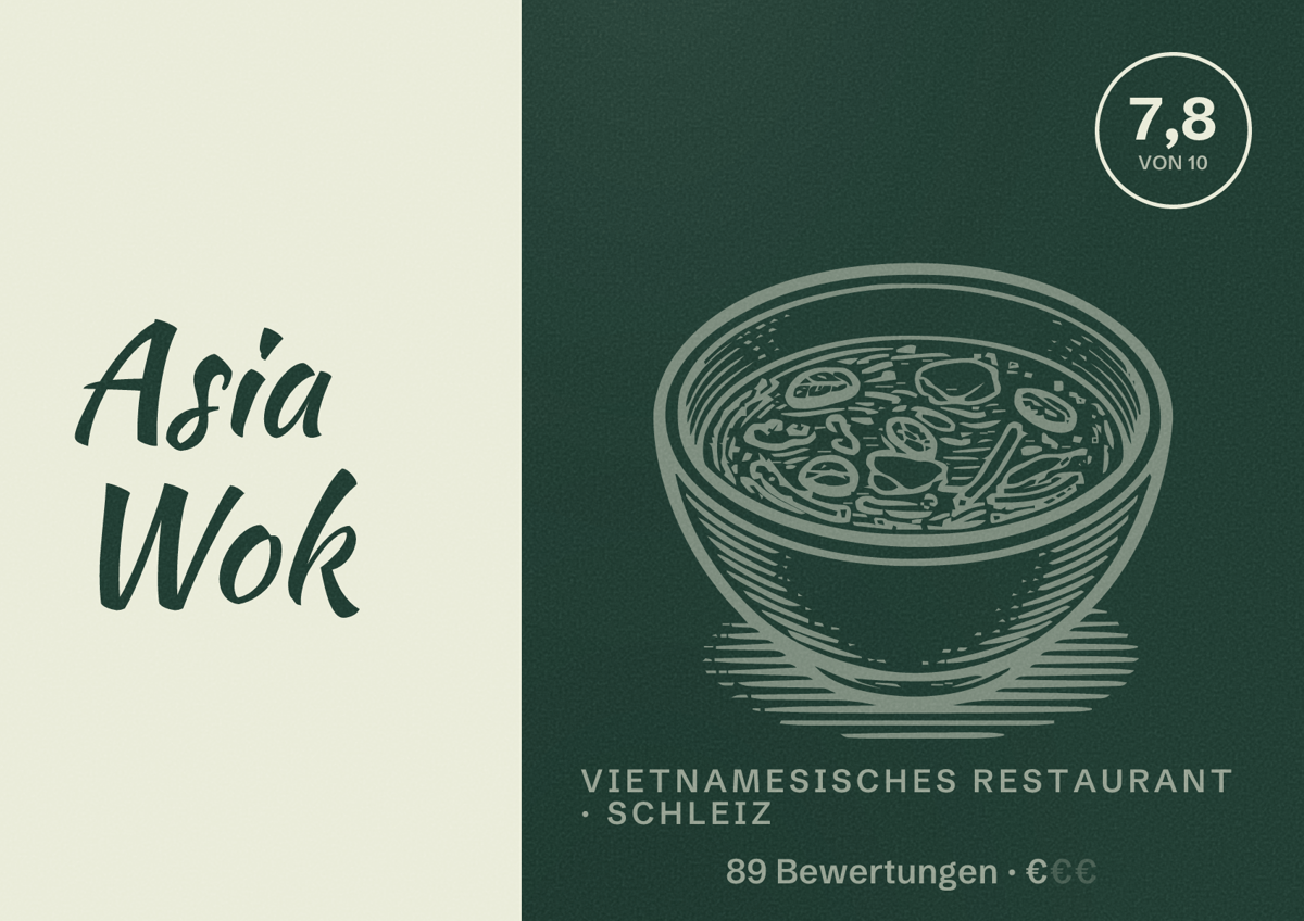 Illustriertes Poster von Asia Wok, Vietnamesisches Restaurant in Schleiz: Bewertung 7,8 von 10 aus 89 Bewertungen, Preisniveau €