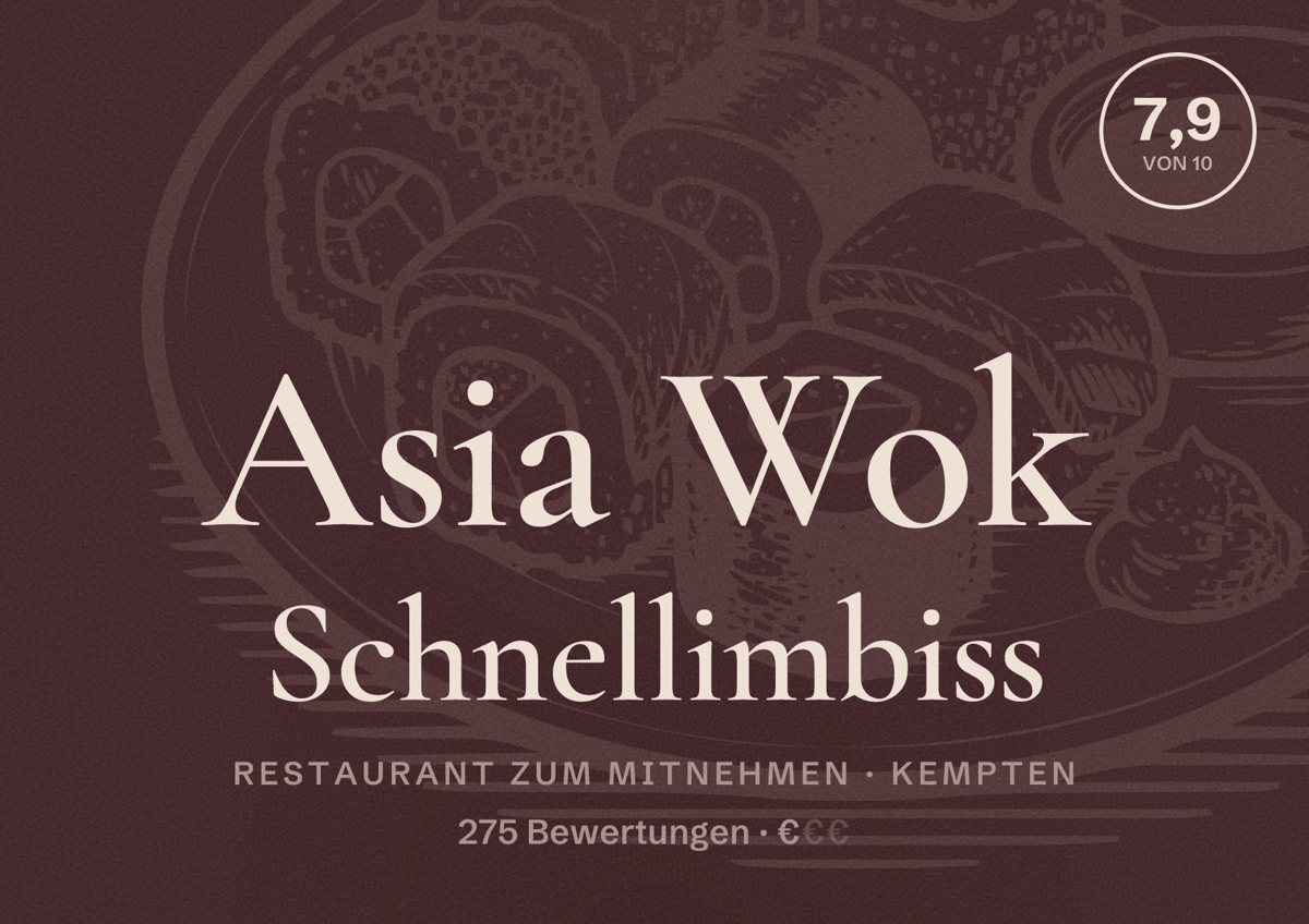 Illustriertes Poster von Asia Wok Schnellimbiss, Restaurant zum Mitnehmen in Kempten: Bewertung 7,9 von 10 aus 275 Bewertungen, Preisniveau €
