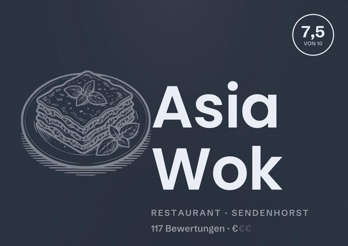 Illustriertes Poster von Asia Wok, Restaurant in Sendenhorst: Bewertung 7,5 von 10 aus 117 Bewertungen, Preisniveau €
