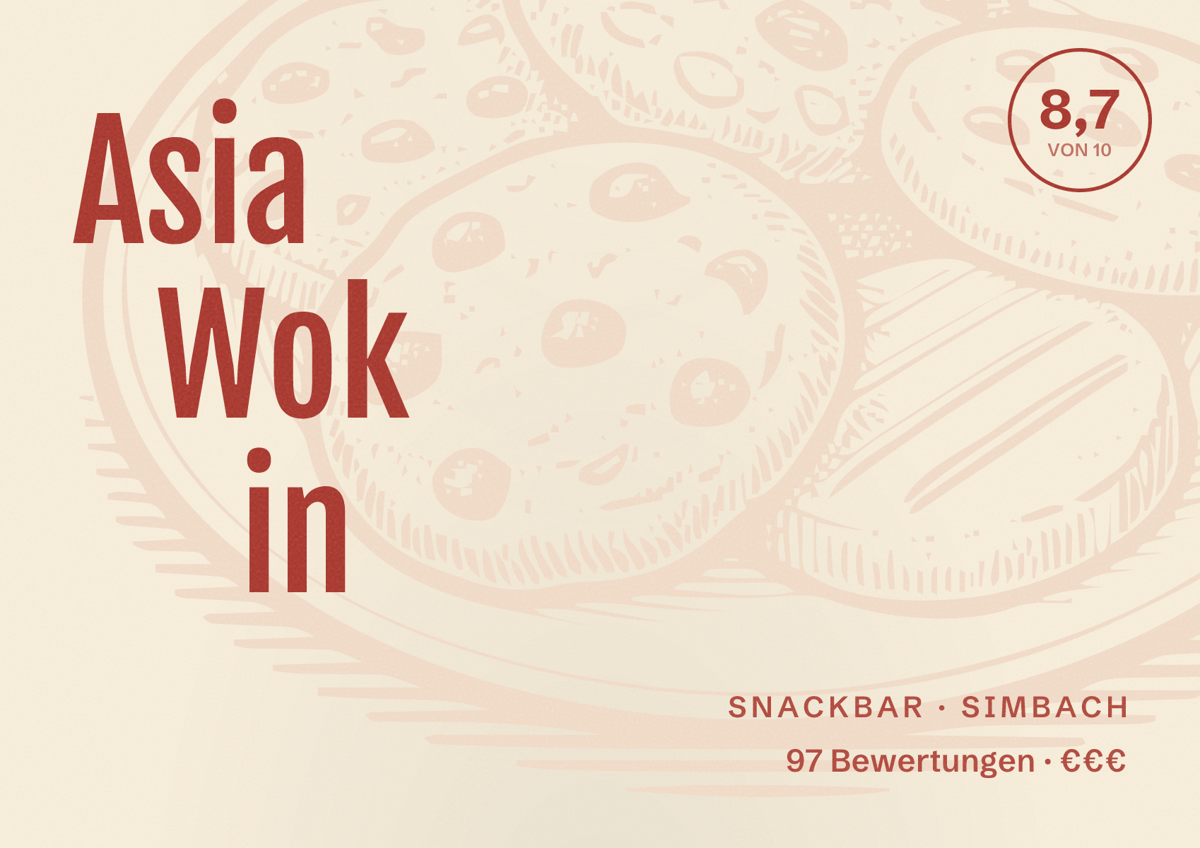 Illustriertes Poster von Asia Wok in, Snackbar in Simbach: Bewertung 8,7 von 10 aus 97 Bewertungen, Preisniveau €€€