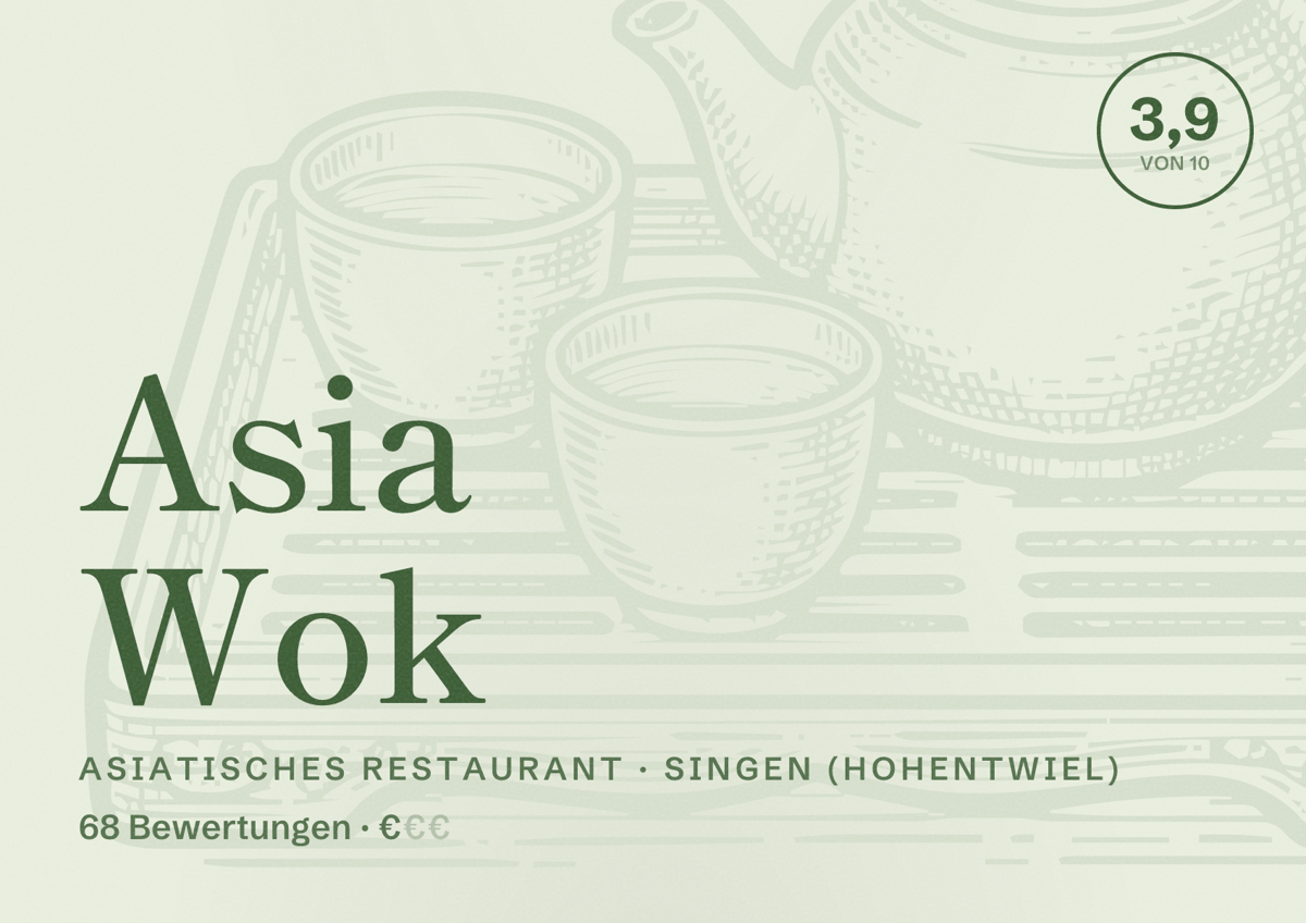 Illustriertes Poster von Asia Wok, Asiatisches Restaurant in Singen (Hohentwiel): Bewertung 3,9 von 10 aus 68 Bewertungen, Preisniveau €