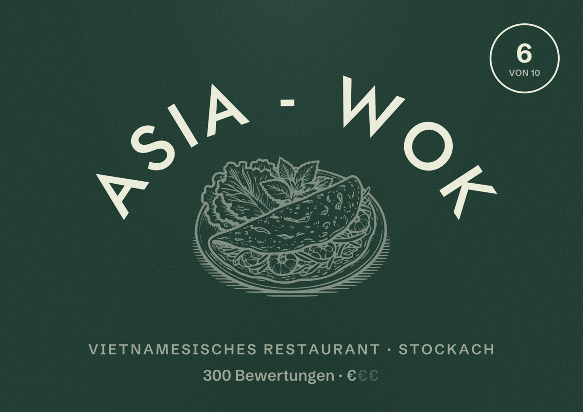 Illustriertes Poster von ASIA - WOK, Vietnamesisches Restaurant in Stockach: Bewertung 6 von 10 aus 300 Bewertungen, Preisniveau €