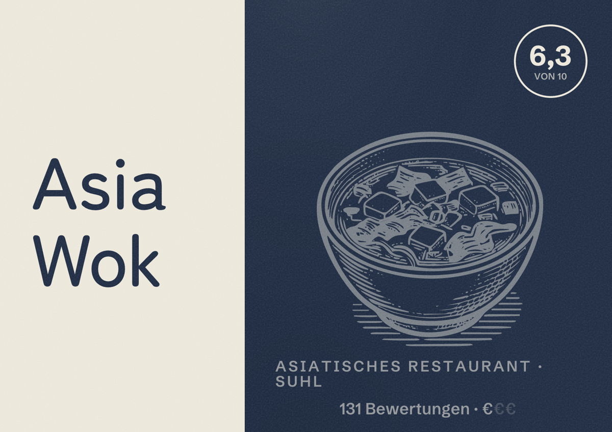 Illustriertes Poster von Asia Wok, Asiatisches Restaurant in Suhl: Bewertung 6,3 von 10 aus 131 Bewertungen, Preisniveau €