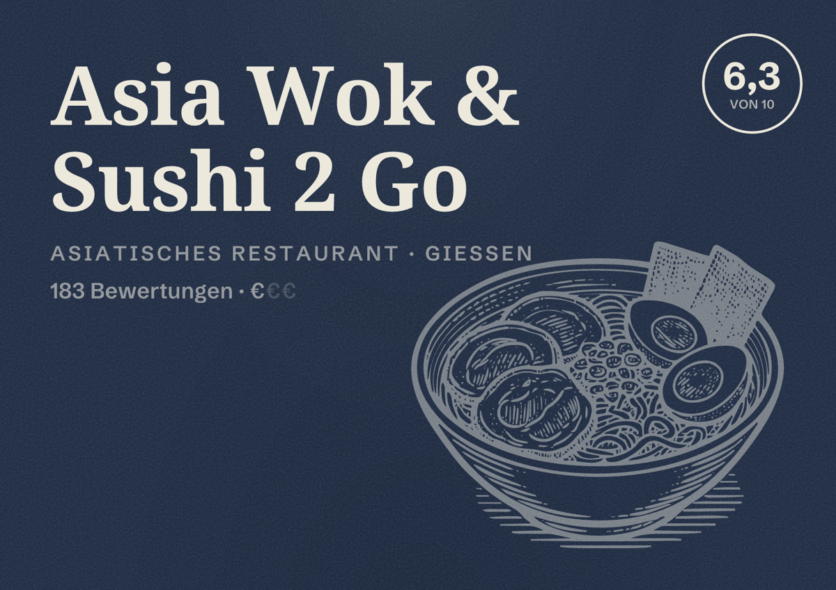 Illustriertes Poster von Asia Wok & Sushi 2 Go, Asiatisches Restaurant in Gießen: Bewertung 6,3 von 10 aus 183 Bewertungen, Preisniveau €