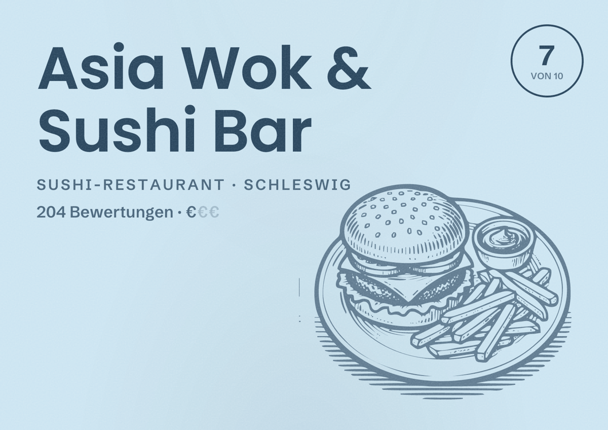 Illustriertes Poster von Asia Wok & Sushi Bar, Sushi-Restaurant in Schleswig: Bewertung 7 von 10 aus 204 Bewertungen, Preisniveau €