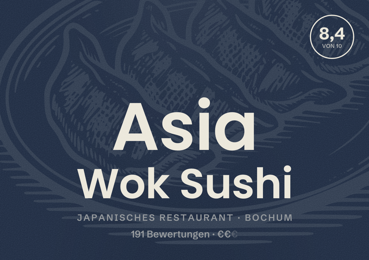 Illustriertes Poster von Asia Wok Sushi, Japanisches Restaurant in Bochum: Bewertung 8,4 von 10 aus 191 Bewertungen, Preisniveau €€