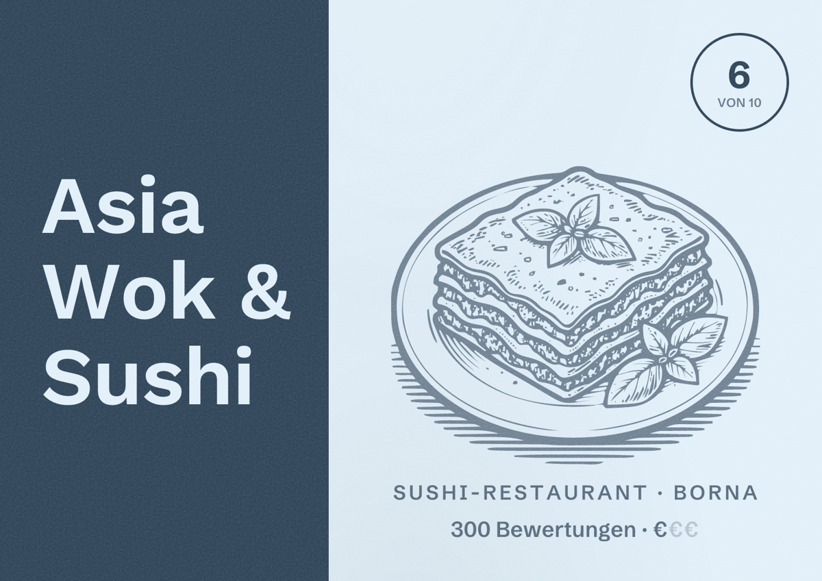 Illustriertes Poster von Asia Wok & Sushi, Sushi-Restaurant in Borna: Bewertung 6 von 10 aus 300 Bewertungen, Preisniveau €