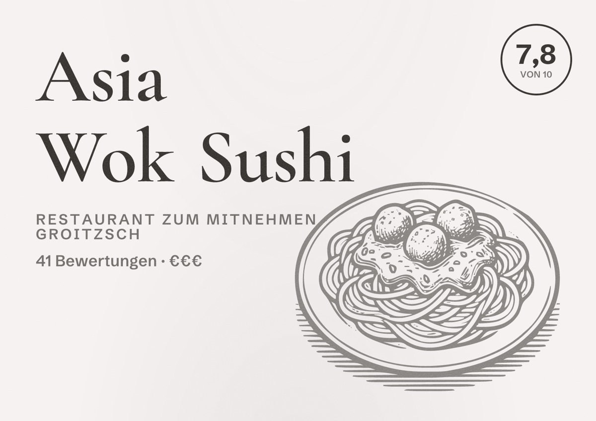 Illustriertes Poster von Asia Wok Sushi, Restaurant zum Mitnehmen in Groitzsch: Bewertung 7,8 von 10 aus 41 Bewertungen, Preisniveau €€€