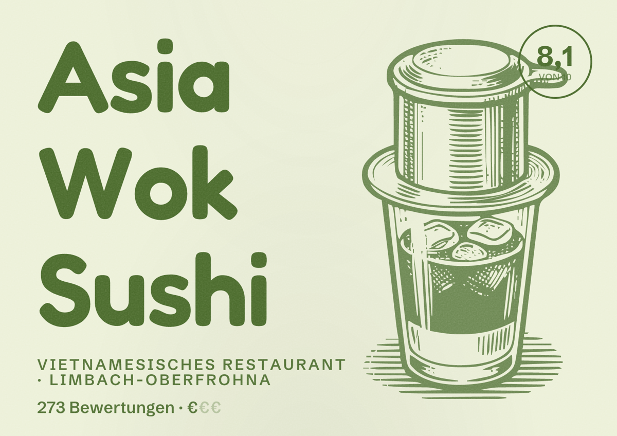 Illustriertes Poster von Asia Wok Sushi, Vietnamesisches Restaurant in Limbach-Oberfrohna: Bewertung 8,1 von 10 aus 273 Bewertungen, Preisniveau €