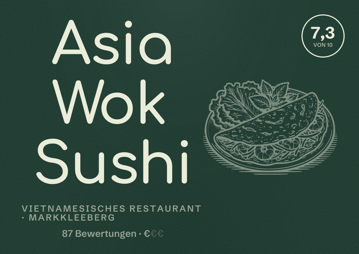 Illustriertes Poster von Asia Wok Sushi, Vietnamesisches Restaurant in Markkleeberg: Bewertung 7,3 von 10 aus 87 Bewertungen, Preisniveau €