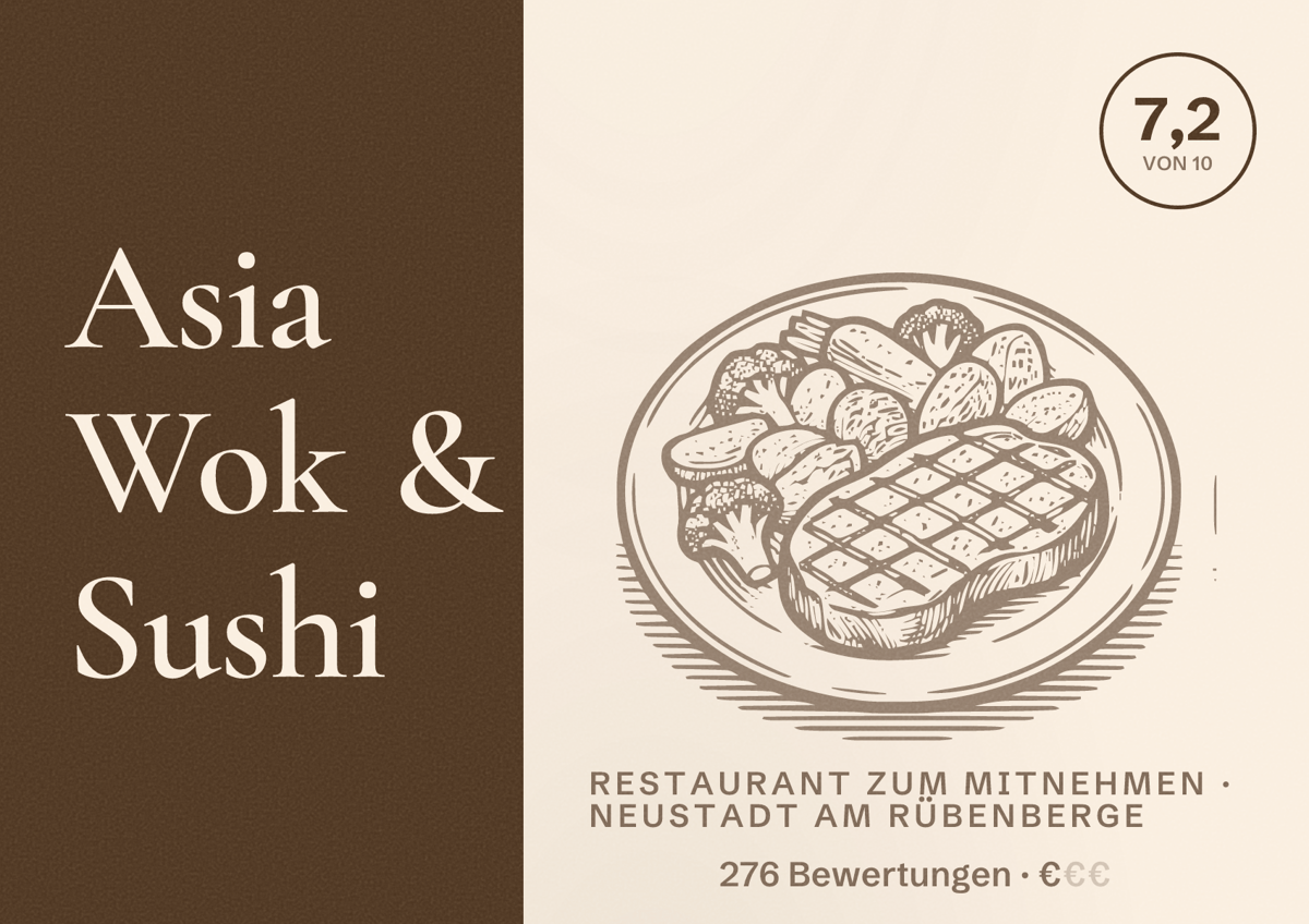 Illustriertes Poster von Asia Wok & Sushi, Restaurant zum Mitnehmen in Neustadt am Rübenberge: Bewertung 7,2 von 10 aus 276 Bewertungen, Preisniveau €