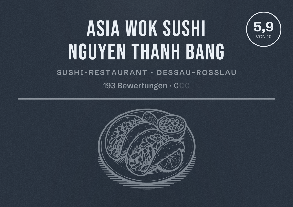 Illustriertes Poster von Asia Wok Sushi Nguyen Thanh Bang, Sushi-Restaurant in Dessau-Roßlau: Bewertung 5,9 von 10 aus 193 Bewertungen, Preisniveau €