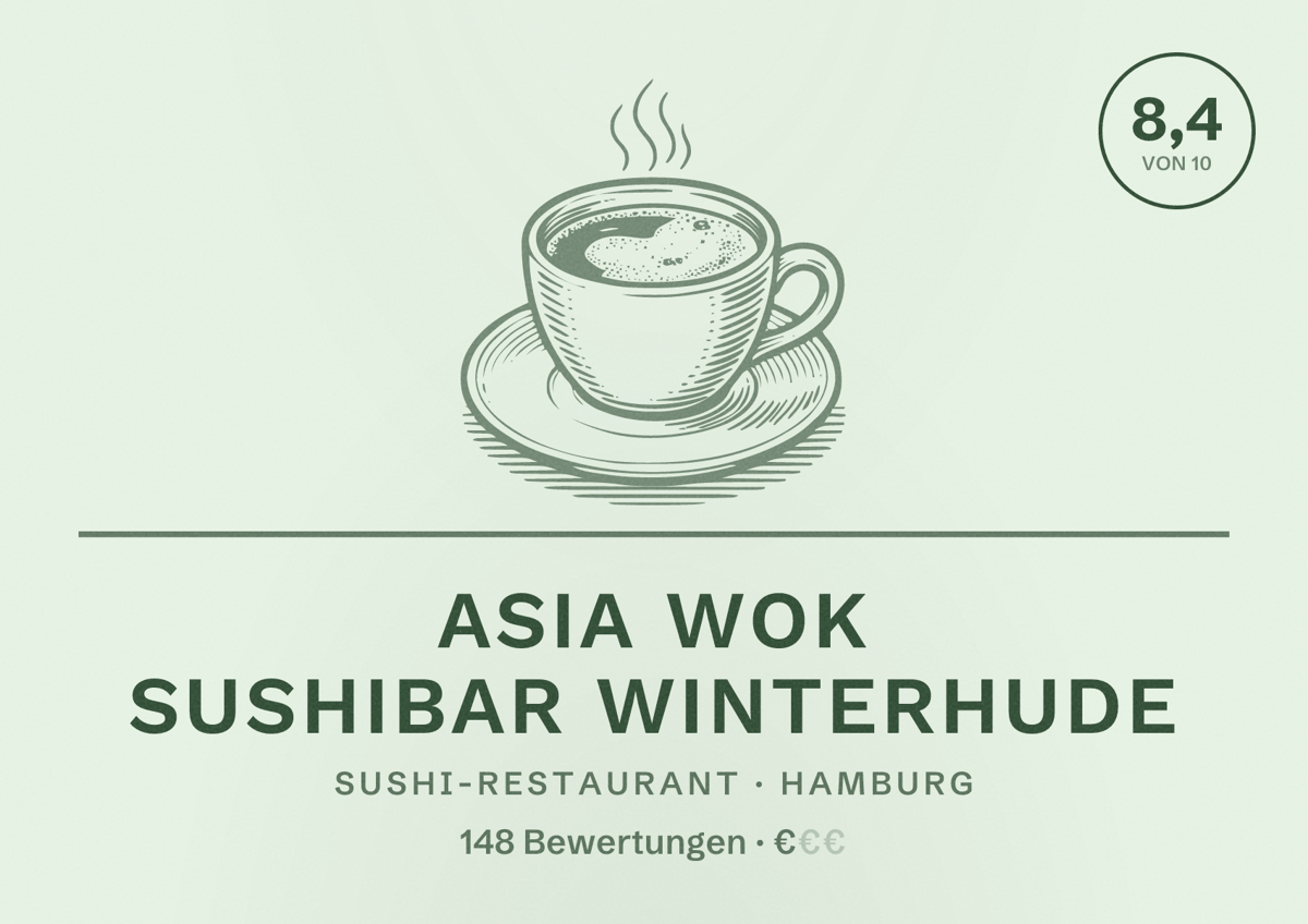 Illustriertes Poster von Asia Wok Sushibar Winterhude, Sushi-Restaurant in Hamburg: Bewertung 8,4 von 10 aus 148 Bewertungen, Preisniveau €