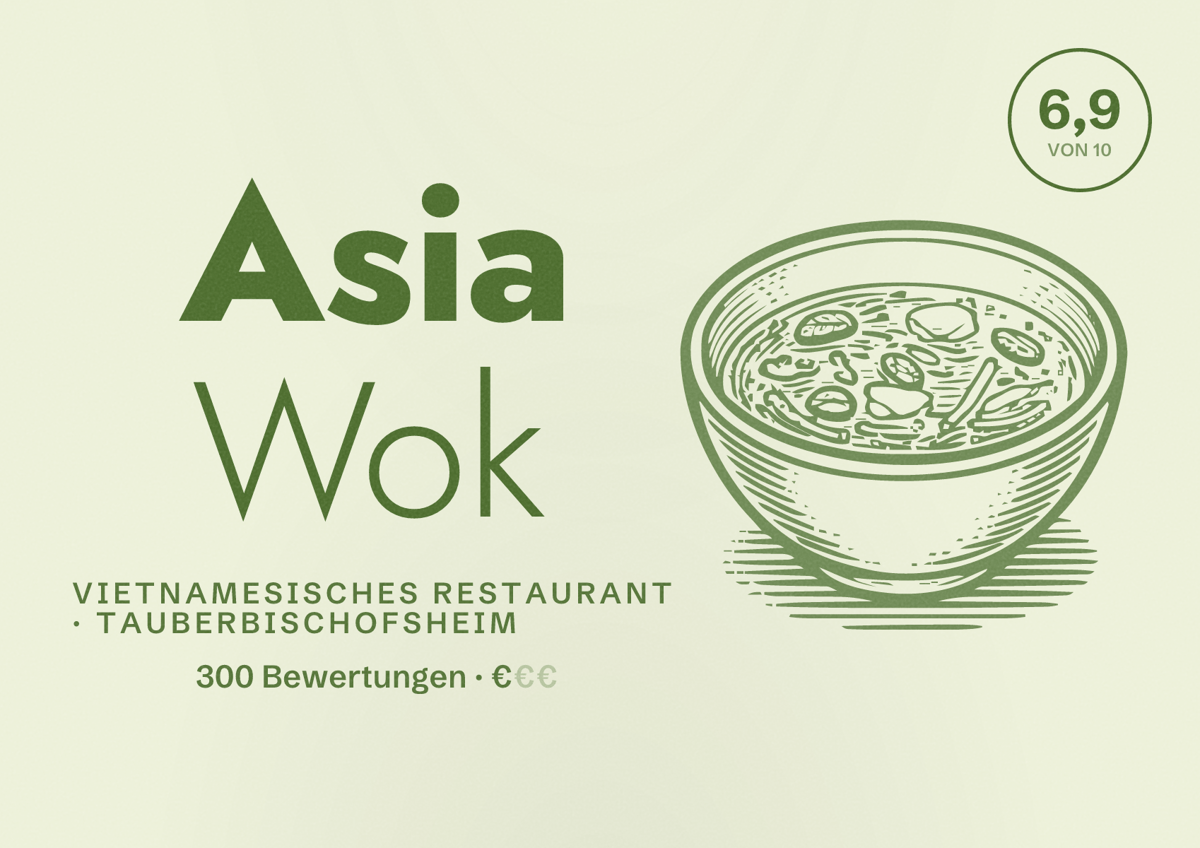 Illustriertes Poster von Asia Wok, Vietnamesisches Restaurant in Tauberbischofsheim: Bewertung 6,9 von 10 aus 300 Bewertungen, Preisniveau €