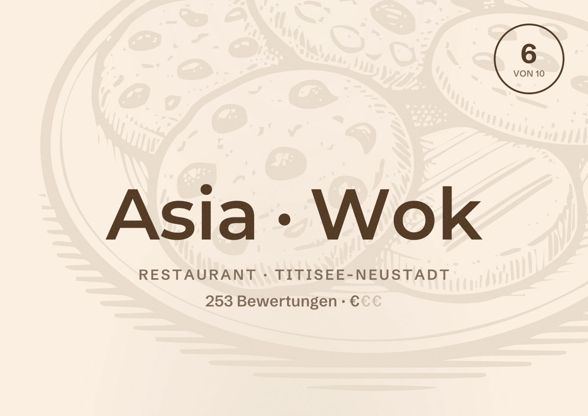Illustriertes Poster von Asia Wok, Restaurant in Titisee-Neustadt: Bewertung 6 von 10 aus 253 Bewertungen, Preisniveau €