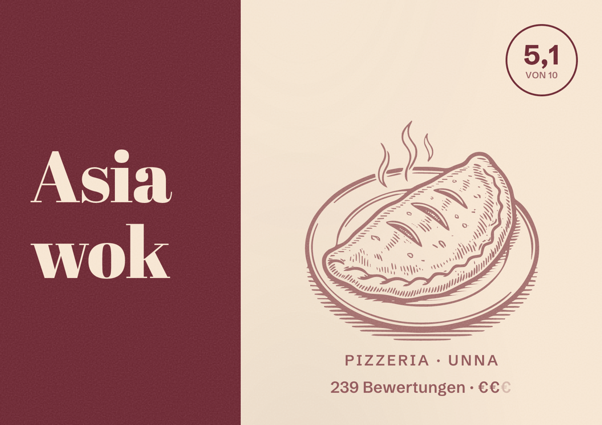 Illustriertes Poster von Asia wok, Pizzeria in Unna: Bewertung 5,1 von 10 aus 239 Bewertungen, Preisniveau €€