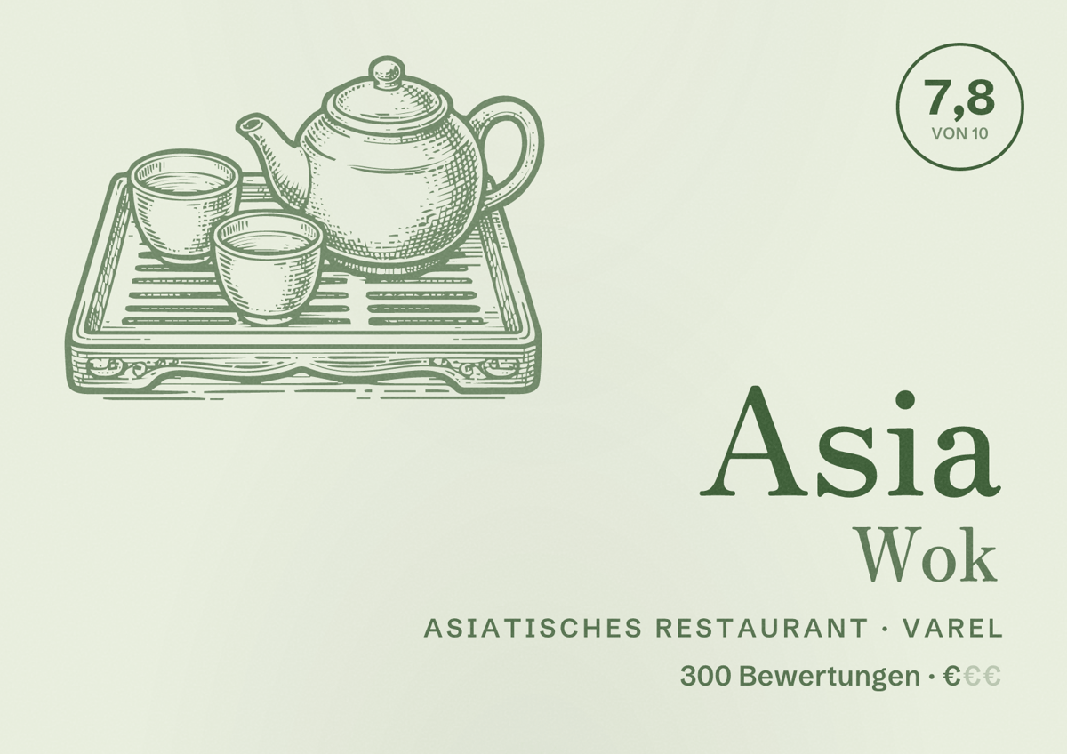 Illustriertes Poster von Asia Wok, Asiatisches Restaurant in Varel: Bewertung 7,8 von 10 aus 300 Bewertungen, Preisniveau €