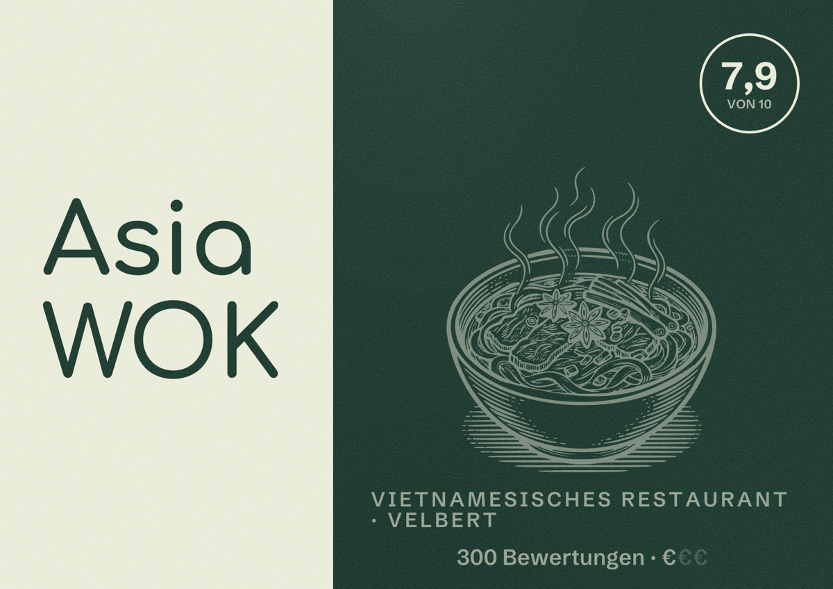 Illustriertes Poster von Asia WOK, Vietnamesisches Restaurant in Velbert: Bewertung 7,9 von 10 aus 300 Bewertungen, Preisniveau €