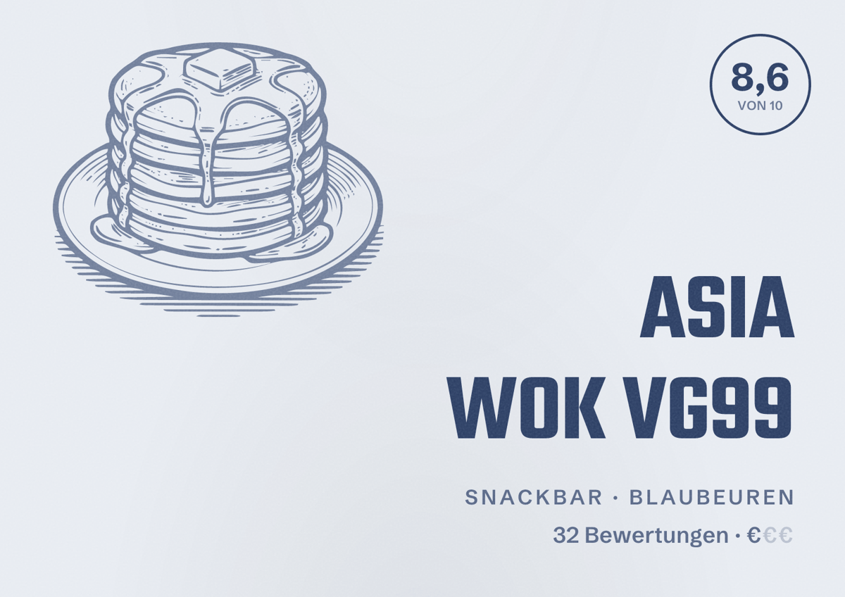 Illustriertes Poster von ASIA WOK VG99, Snackbar in Blaubeuren: Bewertung 8,6 von 10 aus 32 Bewertungen, Preisniveau €