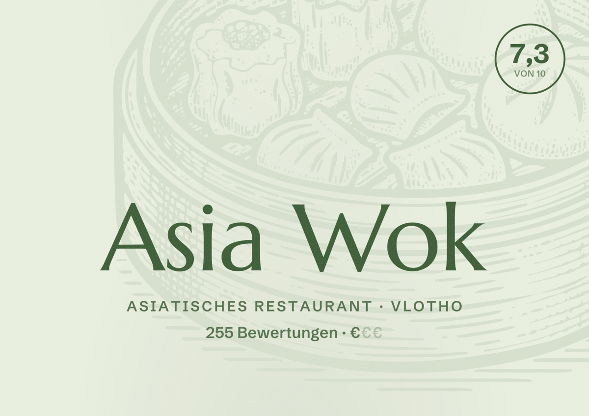 Illustriertes Poster von Asia Wok, Asiatisches Restaurant in Vlotho: Bewertung 7,3 von 10 aus 255 Bewertungen, Preisniveau €