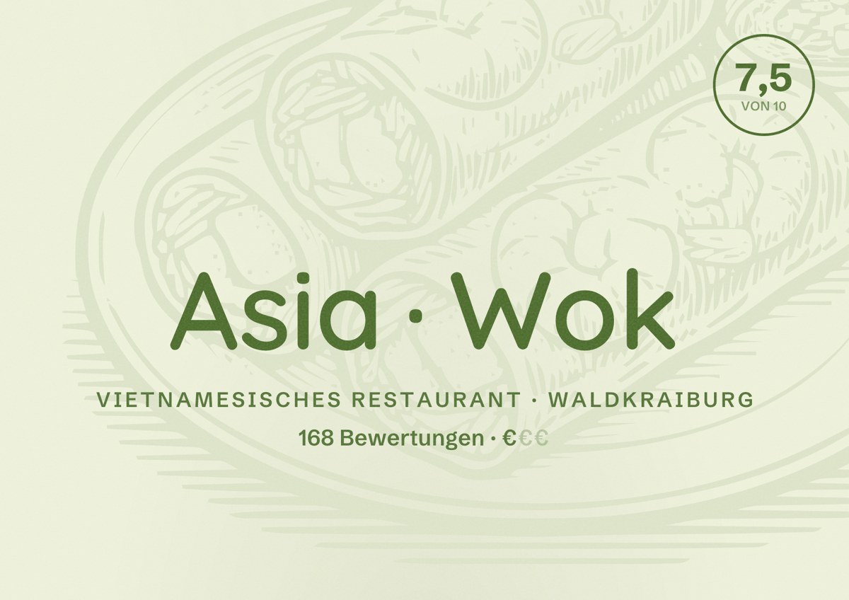 Illustriertes Poster von Asia Wok, Vietnamesisches Restaurant in Waldkraiburg: Bewertung 7,5 von 10 aus 168 Bewertungen, Preisniveau €