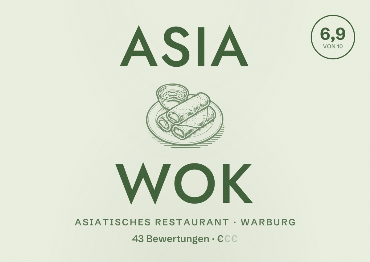 Illustriertes Poster von Asia Wok, Asiatisches Restaurant in Warburg: Bewertung 6,9 von 10 aus 43 Bewertungen, Preisniveau €