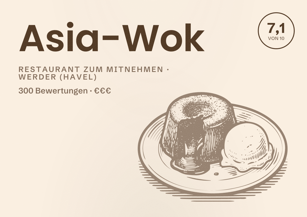 Illustriertes Poster von Asia-Wok, Restaurant zum Mitnehmen in Werder (Havel): Bewertung 7,1 von 10 aus 300 Bewertungen, Preisniveau €€€