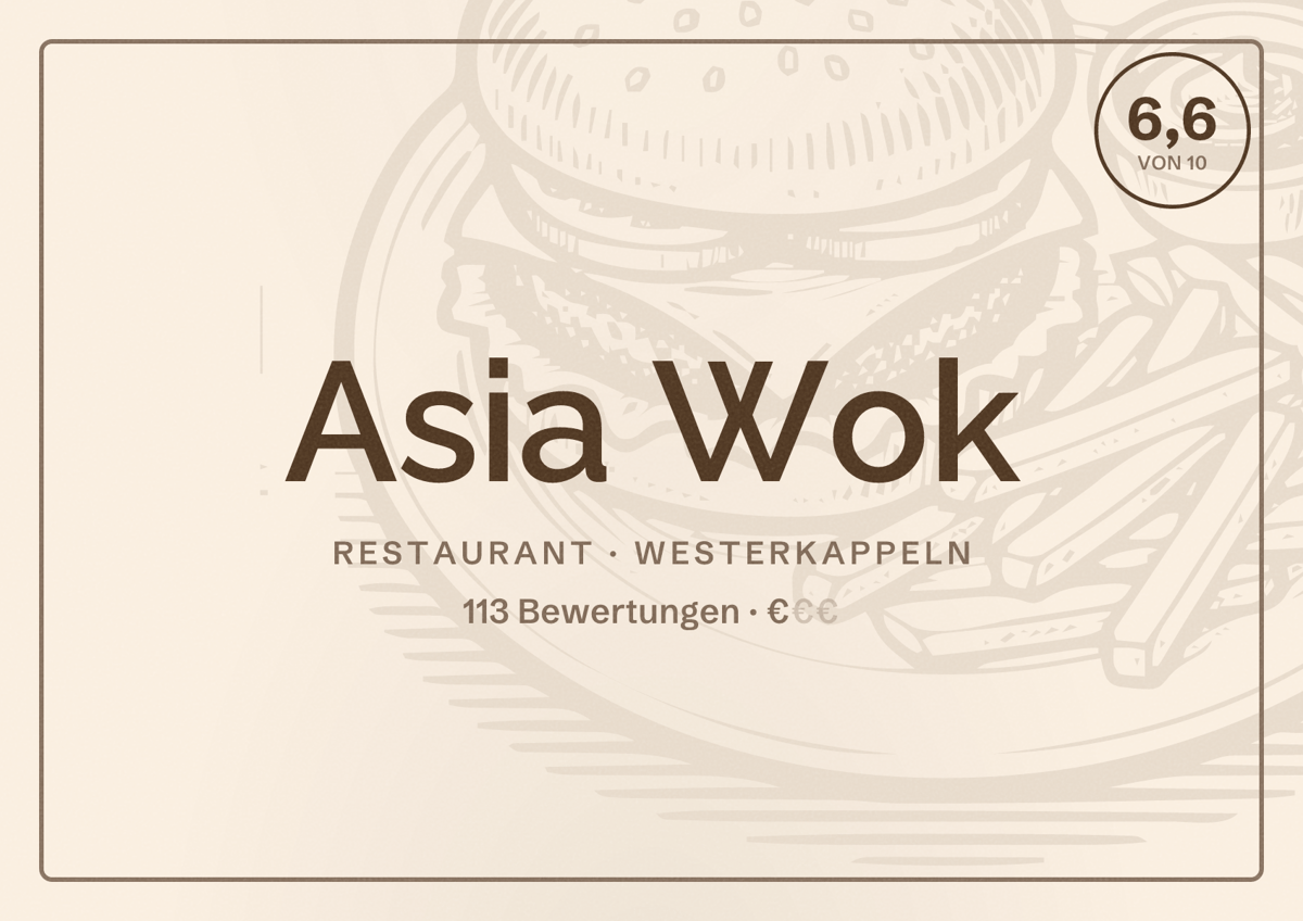 Illustriertes Poster von Asia Wok, Restaurant in Westerkappeln: Bewertung 6,6 von 10 aus 113 Bewertungen, Preisniveau €