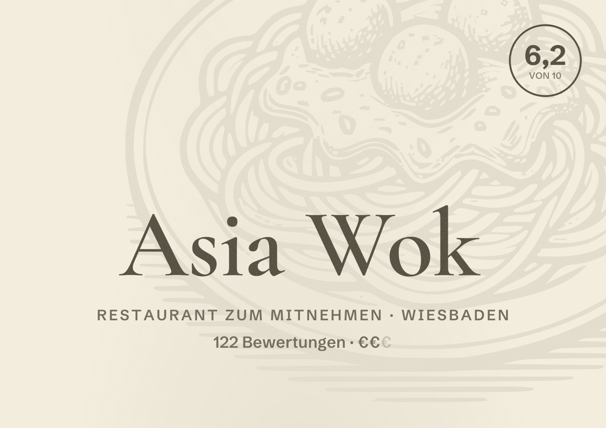 Illustriertes Poster von Asia Wok, Restaurant zum Mitnehmen in Wiesbaden: Bewertung 6,2 von 10 aus 122 Bewertungen, Preisniveau €€