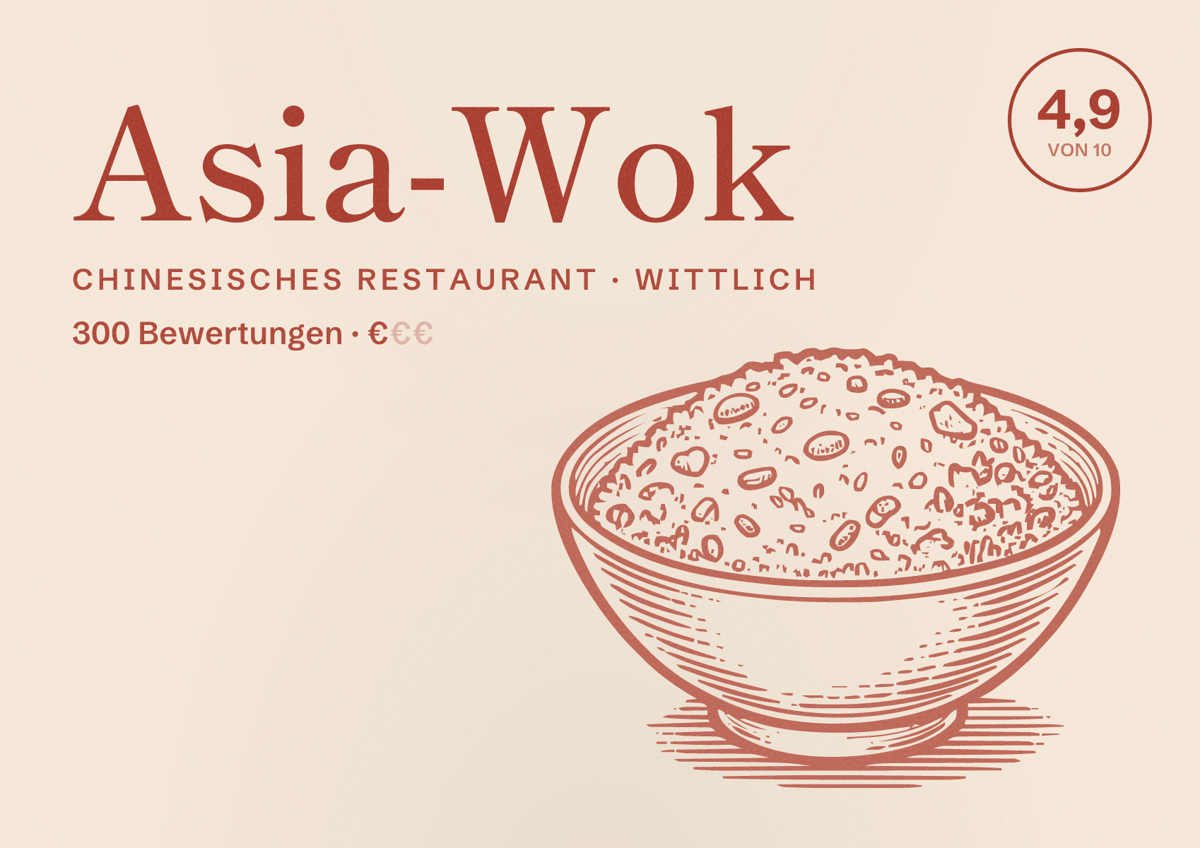 Illustriertes Poster von Asia-Wok, Chinesisches Restaurant in Wittlich: Bewertung 4,9 von 10 aus 300 Bewertungen, Preisniveau €