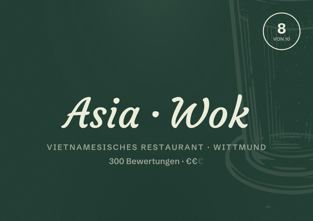 Illustriertes Poster von Asia Wok, Vietnamesisches Restaurant in Wittmund: Bewertung 8 von 10 aus 300 Bewertungen, Preisniveau €€
