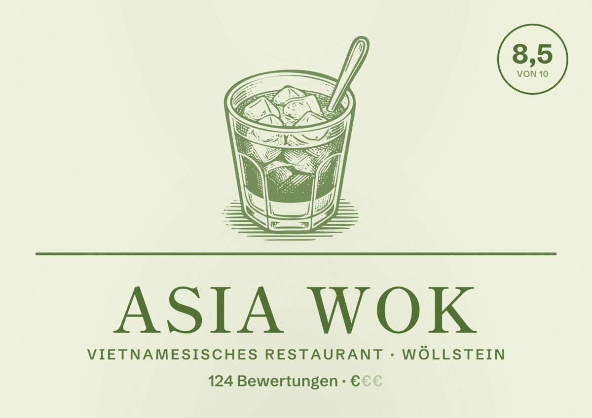 Illustriertes Poster von Asia Wok, Vietnamesisches Restaurant in Wöllstein: Bewertung 8,5 von 10 aus 124 Bewertungen, Preisniveau €