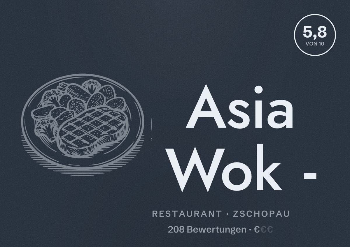 Illustriertes Poster von Asia Wok -, Restaurant in Zschopau: Bewertung 5,8 von 10 aus 208 Bewertungen, Preisniveau €