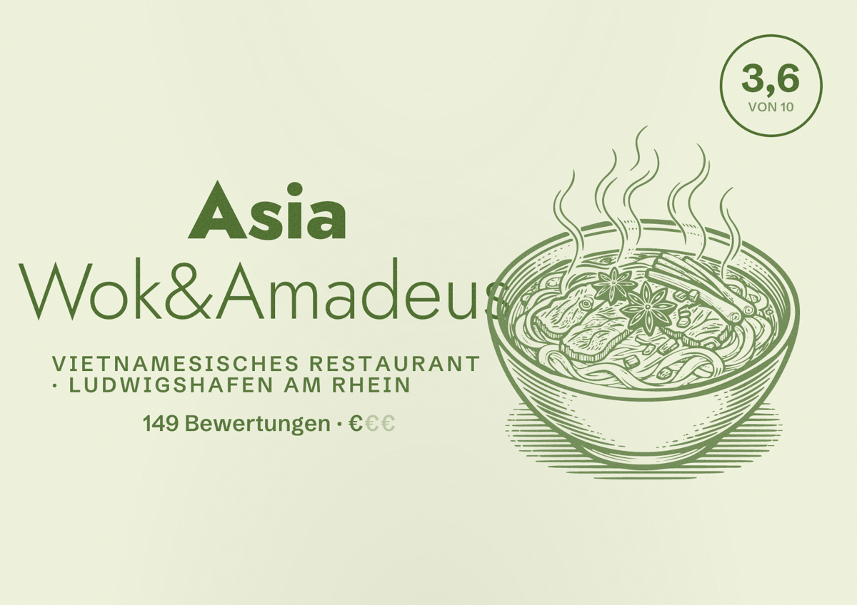 Illustriertes Poster von Asia Wok&Amadeus, Vietnamesisches Restaurant in Ludwigshafen am Rhein: Bewertung 3,6 von 10 aus 149 Bewertungen, Preisniveau €