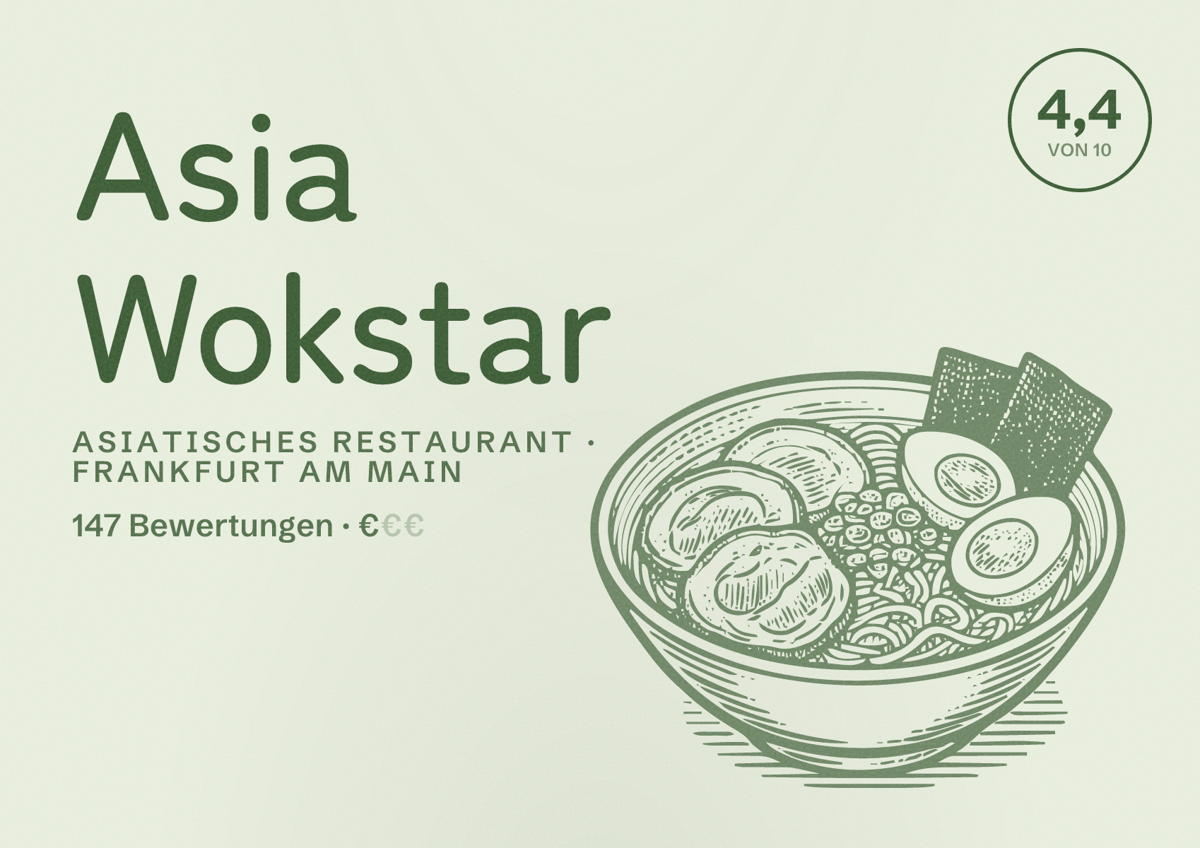 Illustriertes Poster von Asia Wokstar, Asiatisches Restaurant in Frankfurt am Main: Bewertung 4,4 von 10 aus 147 Bewertungen, Preisniveau €