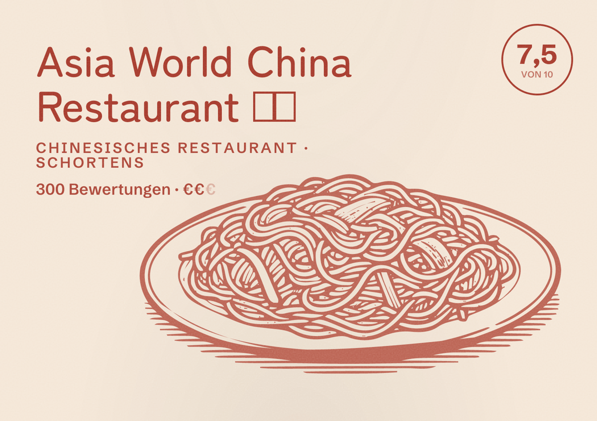 Illustriertes Poster von Asia World China Restaurant 🇨🇳, Chinesisches Restaurant in Schortens: Bewertung 7,5 von 10 aus 300 Bewertungen, Preisniveau €€