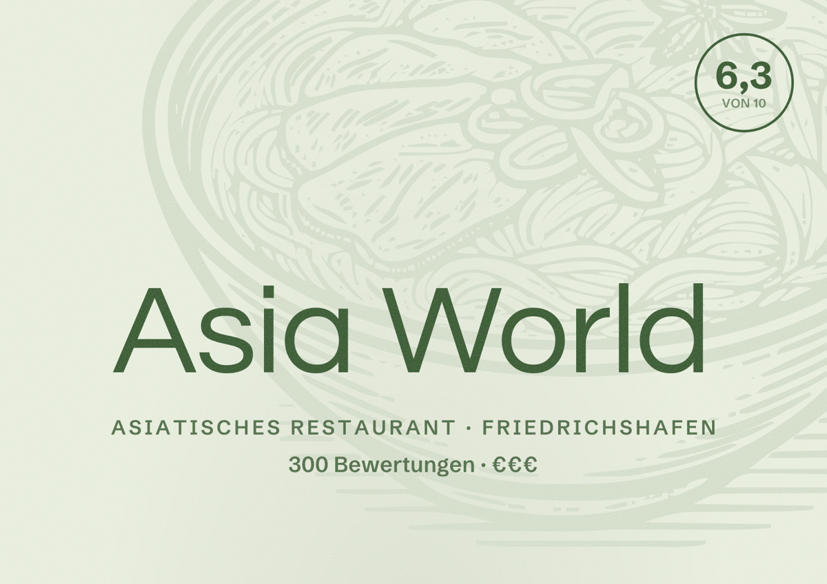 Illustriertes Poster von Asia World, Asiatisches Restaurant in Friedrichshafen: Bewertung 6,3 von 10 aus 300 Bewertungen, Preisniveau €€€