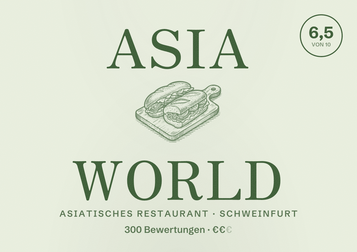 Illustriertes Poster von Asia World, Asiatisches Restaurant in Schweinfurt: Bewertung 6,5 von 10 aus 300 Bewertungen, Preisniveau €€
