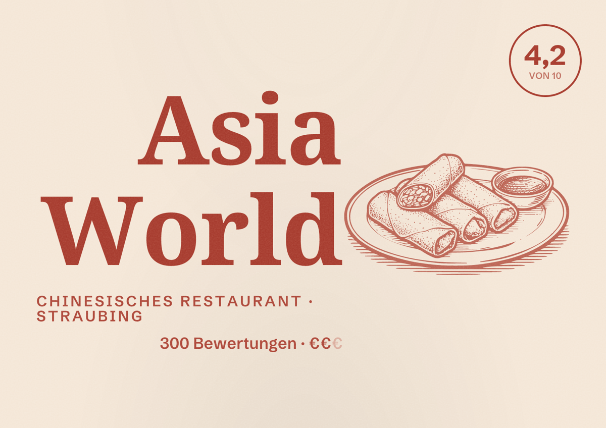 Illustriertes Poster von Asia World, Chinesisches Restaurant in Straubing: Bewertung 4,2 von 10 aus 300 Bewertungen, Preisniveau €€